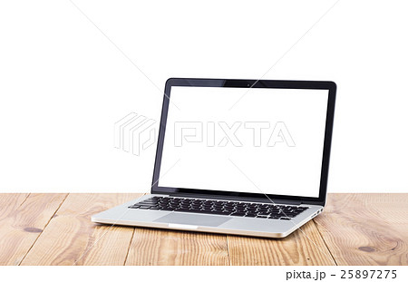 Front view of the laptop is on the work table, clipping path ins 25897275