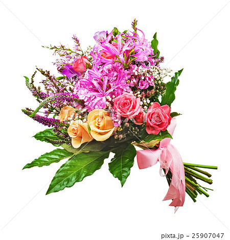 Floral bouquet of roses, lilies and orchids isolated on white ba Floral bouquet of roses, lilies and orchids isolated on white ba 25907047