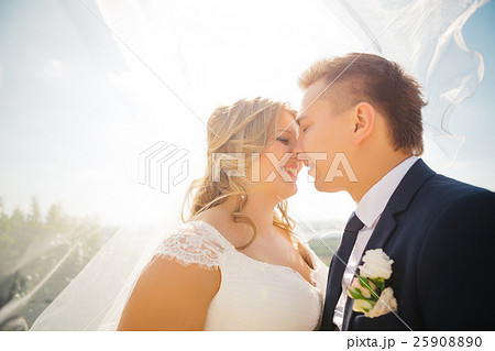 Happy couple bride and groom embracing they stand on background nature close-up 25908890