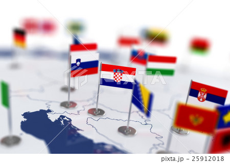 Croatia flag in the focus. Europe map with flags Croatia flag in the focus. Europe map with flags 25912018