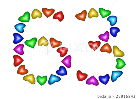 Number 63, sixty three of colorful hearts on white 25916843
