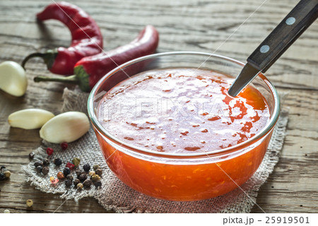 Glass bowl of thai sweet chili sauce Glass bowl of thai sweet chili sauce 25919501