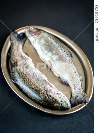 Fresh trouts in ice on the vintage metal tray 25919758