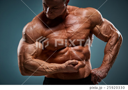 torso of attractive male body builder on gray 25920330