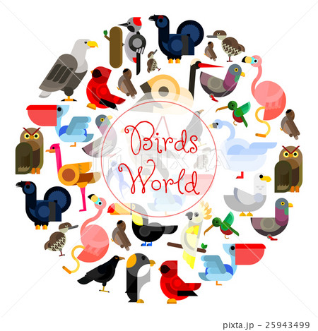 Birds world zoo emblem. Cartoon bird icons Birds world zoo emblem. Cartoon bird icons 25943499