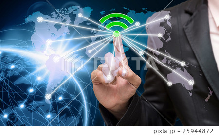 Businessman pointing or touching the wifi icon symbol on earth planet with network line and lens flare over the star background, Internet Network concept, Elements of this image furnished by NASA Businessman pointing or touching the wifi icon symbol on earth planet with network line and lens flare over the star background, Internet Network concept, Elements of this image furnished by NASA 25944872