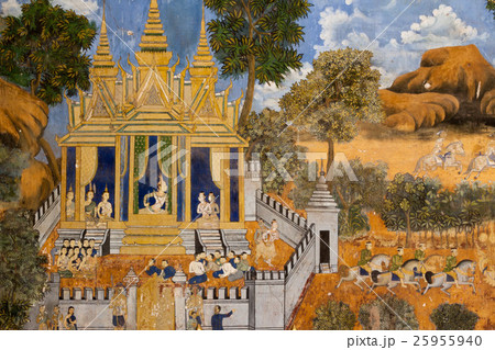 カンボジアのプノンペンにある、シルバーパゴダの回廊に描かれたラーマーヤナ物語 25955940