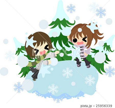 冬と女の子の可愛いイラスト 楽しい雪合戦 のイラスト素材