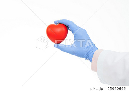 Doctor hand in a rubber glove holding toy heart 25960646