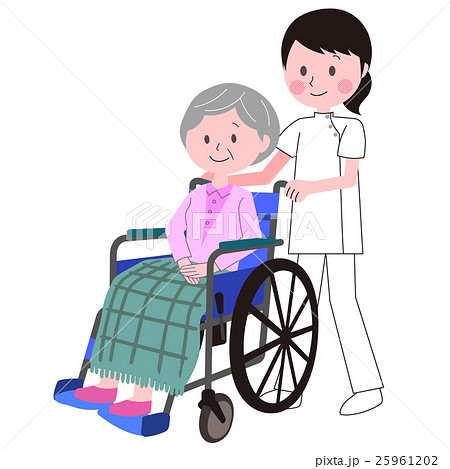 車椅子の高齢者と看護師のイラスト素材