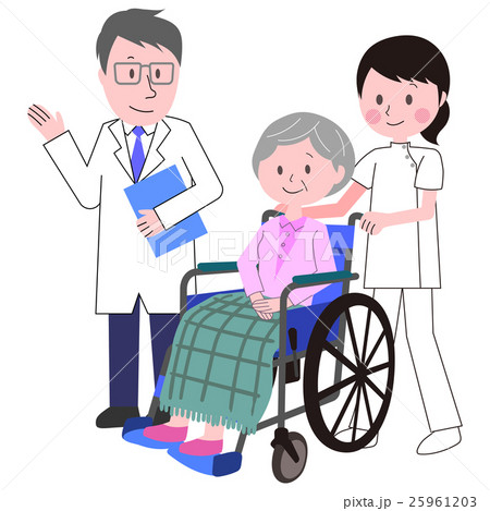 車椅子の高齢者とドクターと看護師のイラスト素材