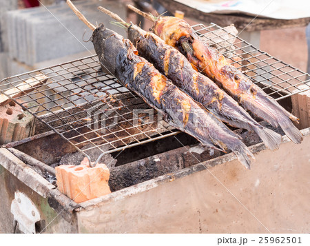 Thai food, Catfish Grill . On charcoal grill. 25962501