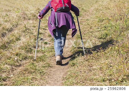 Older woman walking by hiking trail Older woman walking by hiking trail 25962806