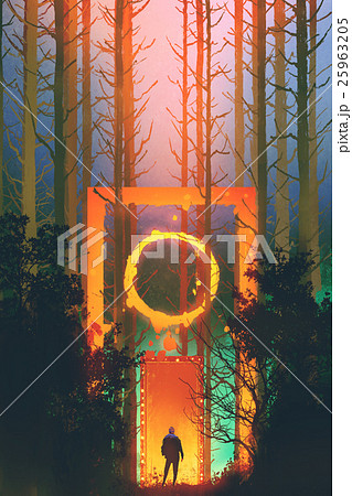 man in the enchanted forest with fantasy gate 25963205