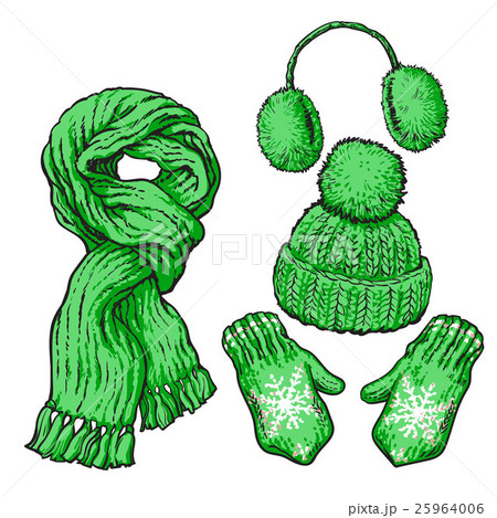 Set of green knotted scarf, hat, ear muffs and 25964006