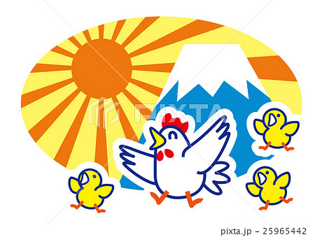 富士山からのご来光 喜ぶにわとり親子 富士山からのご来光 喜ぶにわとり親子 25965442