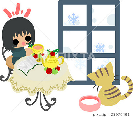 冬と女の子の可愛いイラスト 窓の外は雪 のイラスト素材