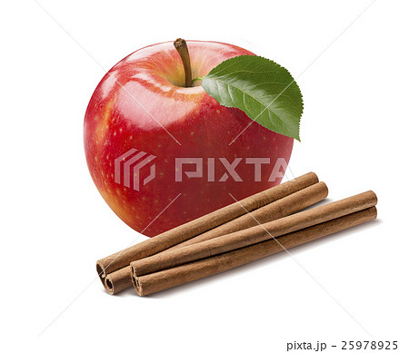 Whole fresh red apple and cinnamon stick isolated 25978925