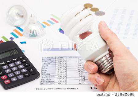 Light bulb whit calculator and euro coins Light bulb whit calculator and euro coins 25980099