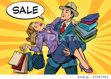 Discounts and sales. Retro man carrying woman on 25987963