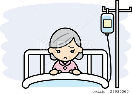入院中の心配顔の老婦人のイラスト素材