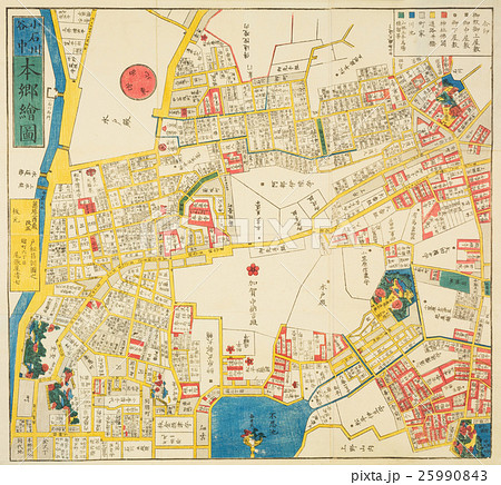 古地図「江戸切絵図」小石川・谷中・本郷絵図のイラスト素材 [25990843