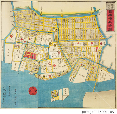 古地図 江戸切絵図 築地 八町堀 日本橋南絵図 のイラスト素材