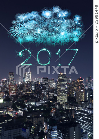 2017 Happy New Year Fireworks over Tokyo cityscape 2017 Happy New Year Fireworks over Tokyo cityscape 25991449