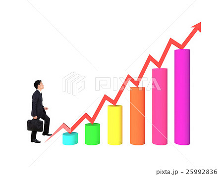 business man stepping forward on growing 3d bar graph with arrow 25992836