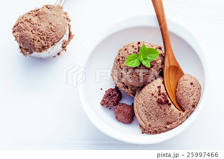 Close up chocolate ice cream in white bowl . 25997466