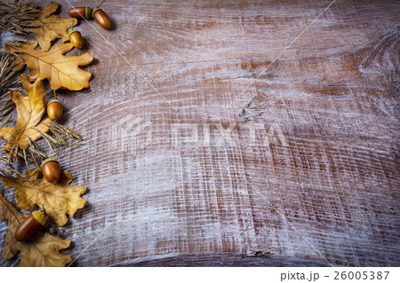 Border of oat, acorn and fall leaves on old wood 26005387