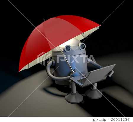 Robot looks at the screen of laptop 26011252