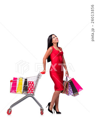 Woman in red dress after shopping isolated on 26013856