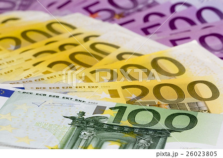 Macro stack of money with 100 200 and 500 euro 26023805