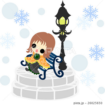 冬と女の子の可愛いイラスト 街灯とベンチ のイラスト素材