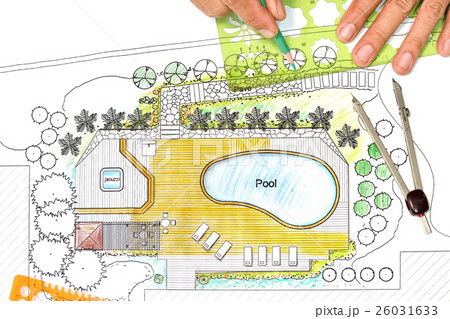 Landscape architect designs backyard plan with Pool for luxury v 26031633