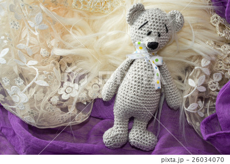 amigurumi crochet bear toy on the fur and rag  26034070