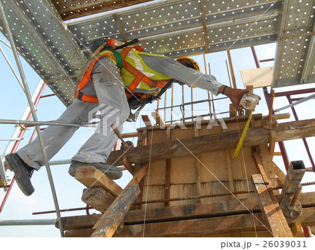 Construction workers fabricating timber form work  26039031