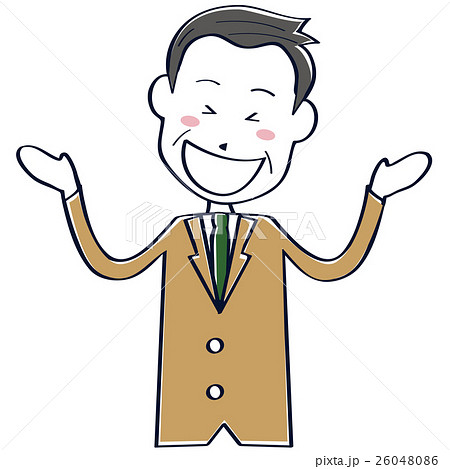 ベージュのスーツのかわいいおじさん ビジネスマン 線画 上半身 大笑いのイラスト素材