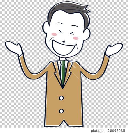 ベージュのスーツのかわいいおじさん ビジネスマン 線画 上半身 大笑いのイラスト素材