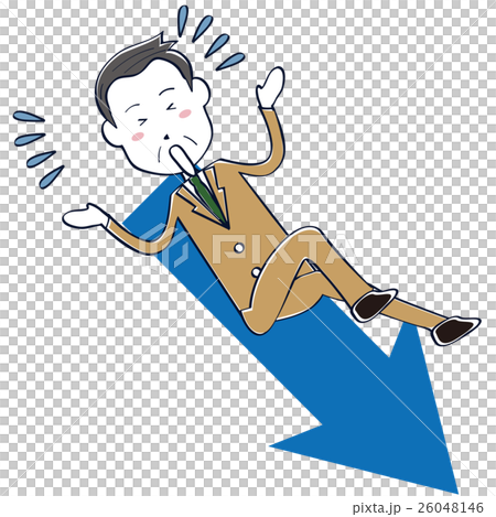 ベージュのスーツのかわいいおじさん ビジネスマン 線画 上半身 矢印から滑り落ちるのイラスト素材