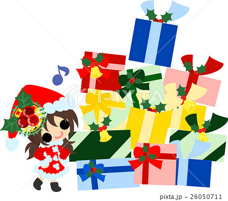 クリスマスと女の子の可愛いイラスト プレゼントの山 のイラスト素材