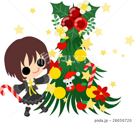 クリスマスと女の子の可愛いイラスト クリスマスツリー のイラスト