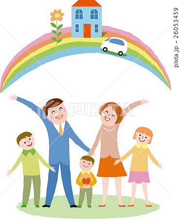 虹と家と家族のイラスト素材