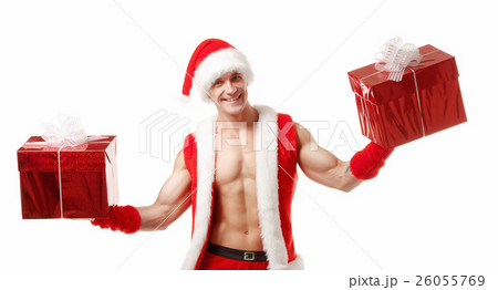 Sexy fitness Santa holding a red boxes Sexy fitness Santa holding a red boxes 26055769