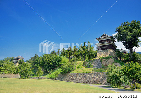 長野　夏空の尼ケ淵から見た上田城の南櫓と西櫓 26056113
