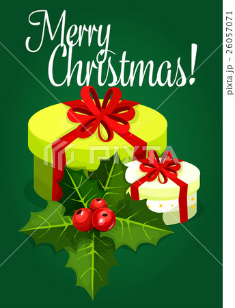 Christmas gift with bow, holly berry card design 26057071