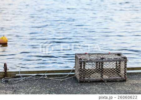 crab cage in harbor on shore crab cage in harbor on shore 26060622