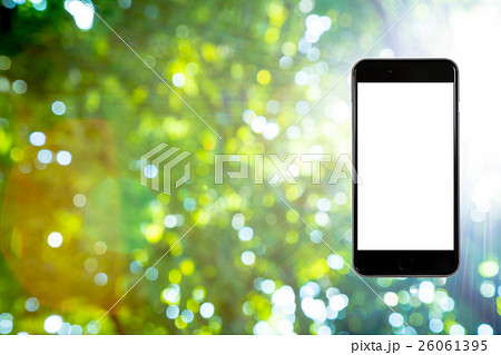 はめこみ　スマホ新緑イメージ　合成用背景素材　緑の背景　植物　春　初夏　木漏れ日　緑とコピースペース 26061395