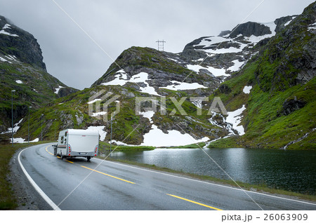 Camper traveling at scenic norwegian road in the 26063909